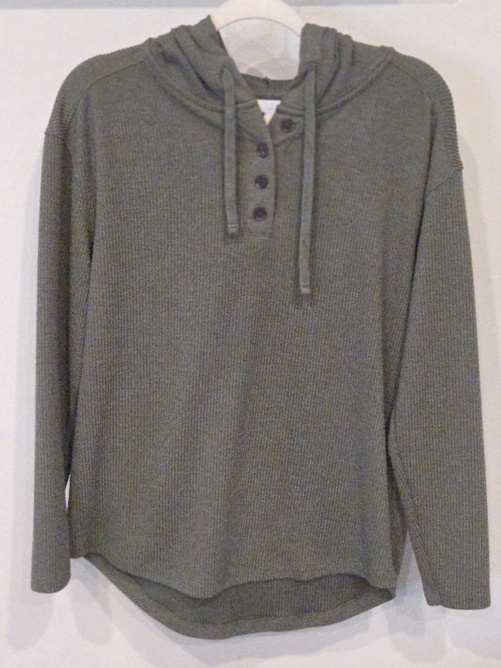 Time and Tru Olive Green Hooded Waffle Knit Henley Sweatshirt